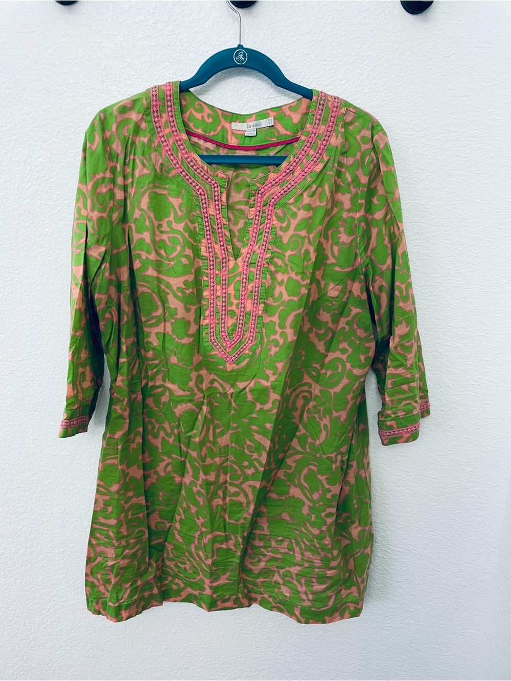 Boden Green tunic with Pink Embroidered Neckline